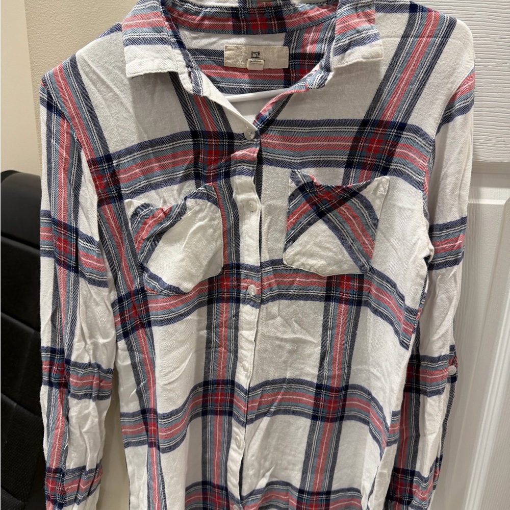 Thread & Supply White Plaid Button-Down Shirt with Red and Navy Stripes
